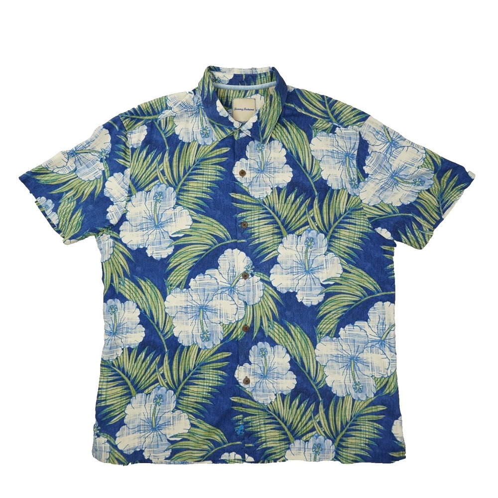 Tommy Bahama Silk Button Up Shirt Men's XL Blue Floral Hawaiian Short Sleeve